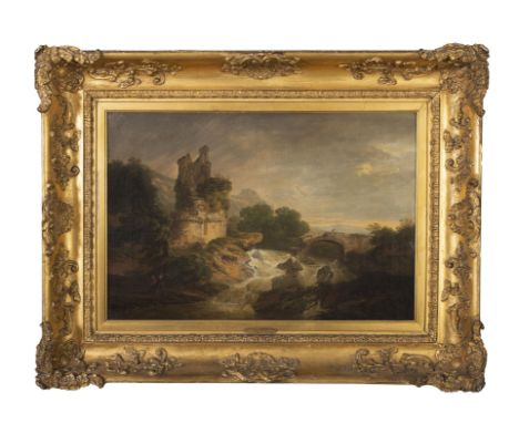 THOMAS ROBERTS (1748-1777)  A Landstorm with a Ruined Bridge and River in Spate  Oil on canvas, 42 x 62cm Provenance: With Th