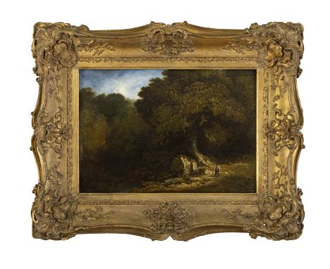 JAMES ARTHUR O'CONNOR (1792-1841)  Wooded Landscape with a Figure by a Stream  Oil on wood, 19.5 x 27.5cm  Remnants of the ar