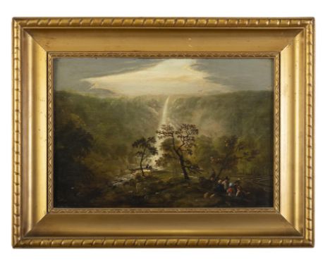 WILLIAM SADLER II (1782-1839)  Figures at Powerscourt Waterfall, Wicklow  Oil on wood, 22 x 33.5cmKnown particularly for his 