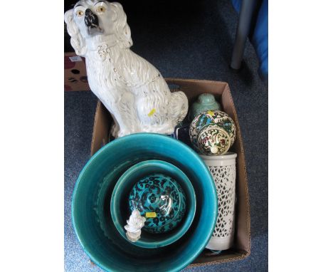 Box of assorted china to include Staffordshire seated pottery spaniel, Eastern design jar and cover, turquoise planter, ceram