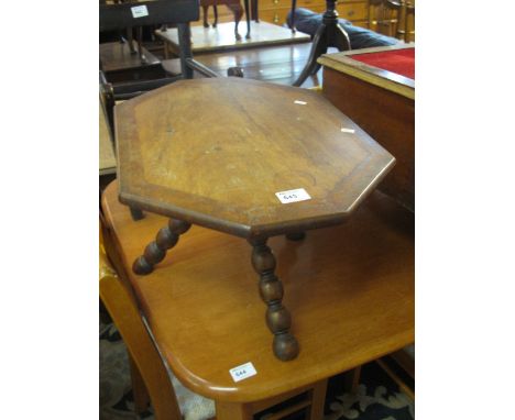 Miniature octagonal inlaid tripod table on bobbin turned legs. 