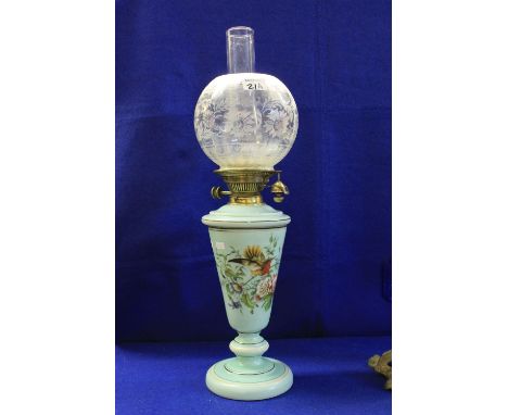 Victorian brass double burner oil lamp with opaline glass reservoir and similar opaline glass conical base overall printed wi