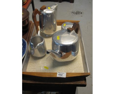 Picquot Ware tea service comprising teapot, milk jug, sucrier and water jug on matching rectangular stand. (5)