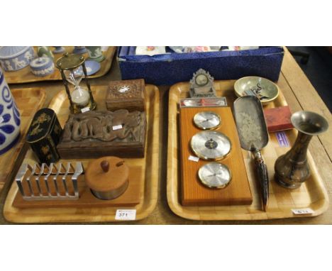 Two trays of assorted items to include carved hardwood dragon design rectangular box, oriental landscape design box, modern w
