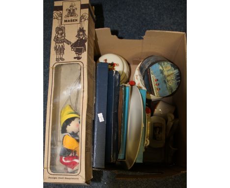 Box of assorted items to include Masek boxed puppet, various boxed Coalport collectors plates, two Swn Y Mor whisky rugby dec