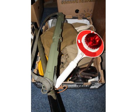 Box of assorted militaria items to include water bottles, Billy can, dummy stick bomb, box spanner, webbing items, field glas