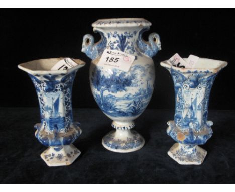 Pair of Dutch type blue and white vases together with blue and white baluster vase with landscape and figural panels. (3) CON