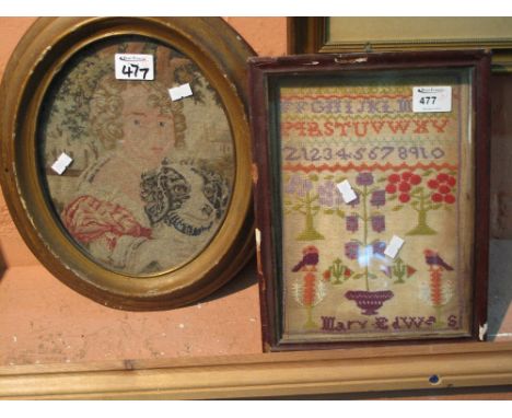 19th century Berlin wool work oval panel, young girl with dog, gilt frame; together with a small 19th century needlework samp