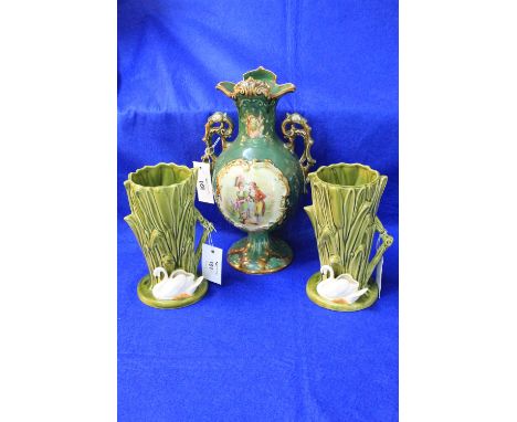 Pair of Sylvac pottery naturalistic vases with swan mounts. Impressed marks to base with no. 4375. Together with a two handle