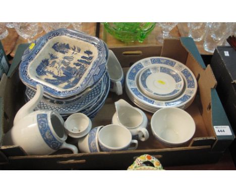 Tray of assorted china to include Staffordshire Willow mid-winter blue and white dishes and plates, Woods part tea ware items