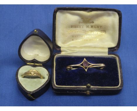 9ct gold and amethyst bar brooch together with 18ct gold ring (stone missing). 