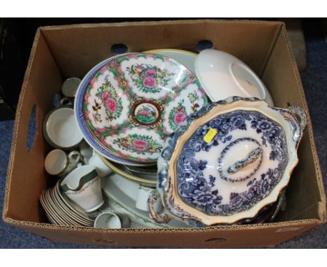 Box of assorted china to include Old Willow blue and white dinner plates, large two tone mixing bowl, Florence blue and white