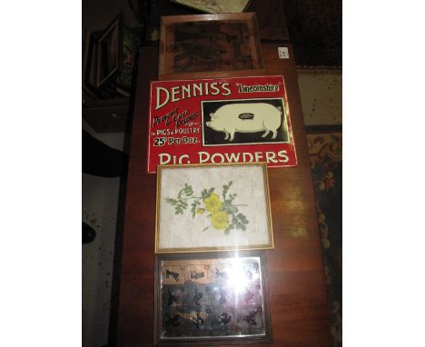 Reproduction Dennis' Lincolnshire Pig Powders enamel sign, three furnishing pictures and an erotic picture mirror. (5)