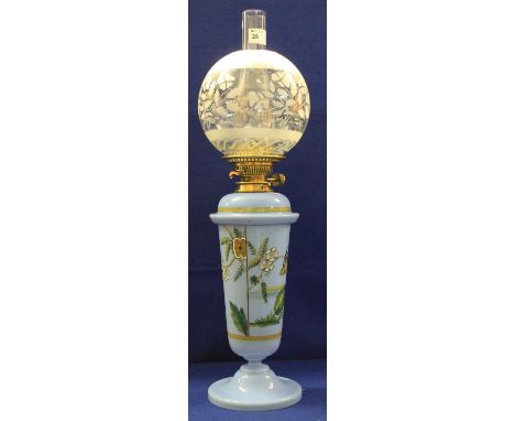 19th century brass double burner oil lamp with blue opaline glass vase shaped reservoir painted with birds amongst flowers on
