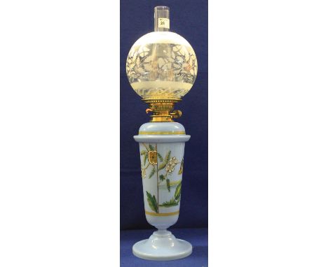 19th century brass double burner oil lamp with blue opaline glass vase shaped reservoir painted with birds amongst flowers on