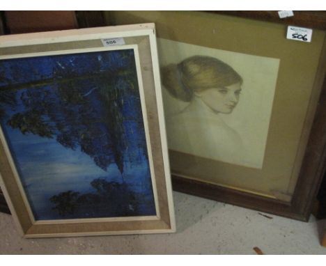 John Green, blue vista, oils on board; together with a portrait of a young woman, coloured print. Framed. (2)