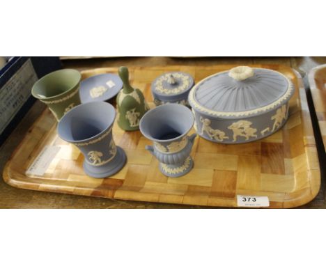 Tray of assorted blue and white, and green and white Wedgwood jasper ware items to include waisted vases, Campana vase, oval 