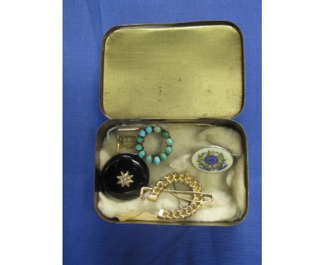 Onyx, turquoise, enamel, 9ct gold brooches. (4) CONDITION REPORT: Minor wear in places but overall no obvious damage
