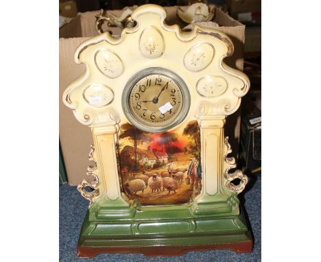 Early 20th century Staffordshire china mantle clock with transfer printed sheep and farmer decoration with matching garniture