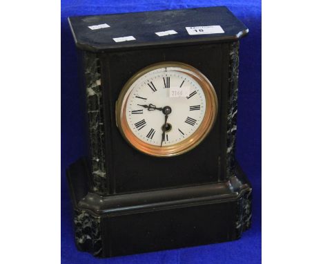 Late 19th century black slate and marble flat topped single train mantle clock with enamel face and French brass drum movemen