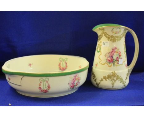 19th century transfer printed and gilded pottery jug and basin. Continental. (2)