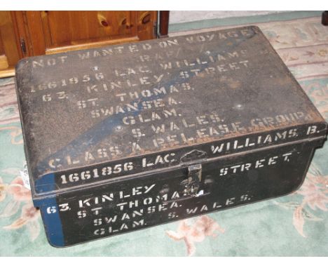 RAF tin trunk with carrying handles labelled 1661856 L.A.C. Williams. 