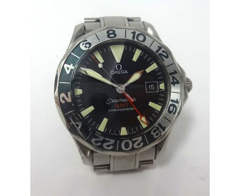 Omega, a gents stainless steel calendar watch, Seamaster, GMT Chronometer, back plate stamped 50 years, no box, but with thre