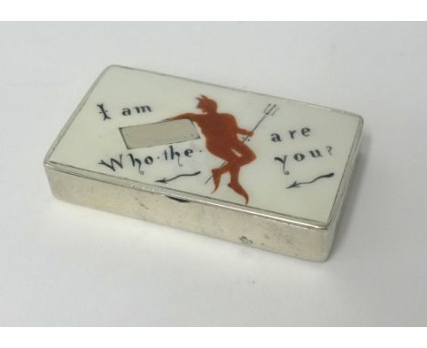 A Victorian enamel silver vesta with a devil scene enamelled 'I am... who the 'Devil' are you?', maker 'H & A', (possibly Hor