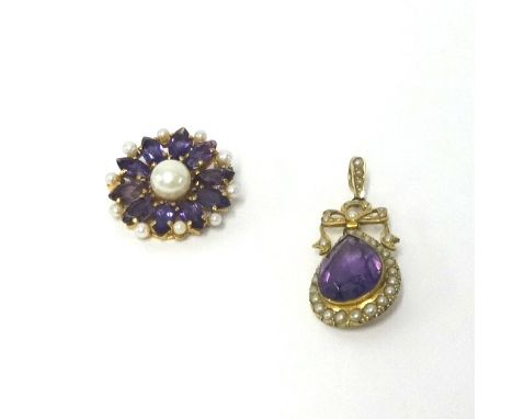 An amethyst and seed pearl pendant brooch (2).