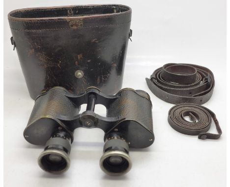 A pair of WWI Carl Zeiss Jena Telact 8x binoculars, with leather case and compass insert to lid and original strap 