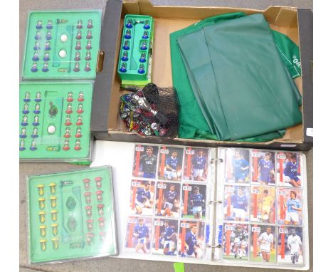 Subbuteo football figures and accessories including a trophy and an album of Pro Set Football collectors cards 