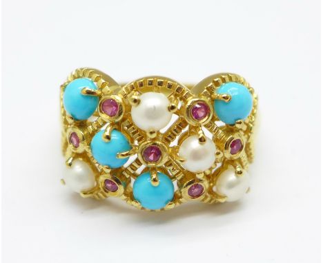 A silver gilt, freshwater pearl, turquoise and ruby ring, Q 