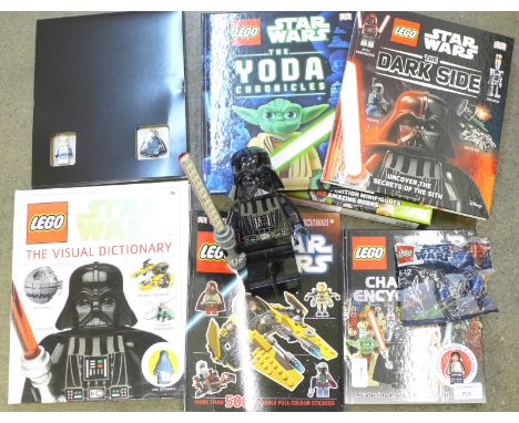 Lego Star Wars dictionary sticker collection, table lamp, Jedi v Sith mini figures and other mini figures 