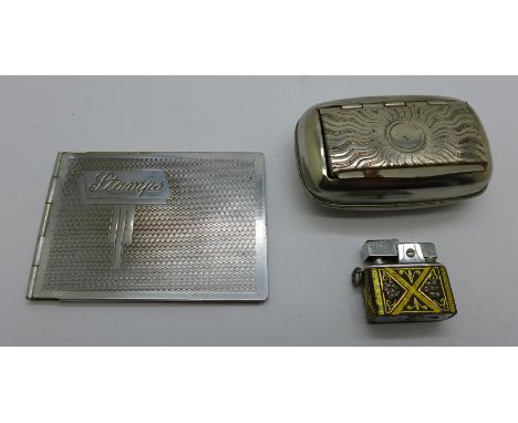 A chrome 'Stamps' case, a miniature lighter and a snuff box 