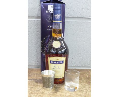 One bottle, Martell VS Fine Cognac, 300 Tricentenary, boxed, a pewter shot and a Burns Crystal dram glass 