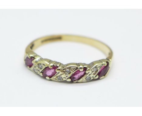 A 9ct gold, ruby and diamond ring, 1.8g, M 