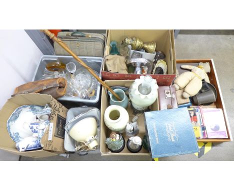 Five boxes of assorted items; china, glass, metalwares, oil lamp, case, typewriter, walking cane, Royalty ephemera, elephant 