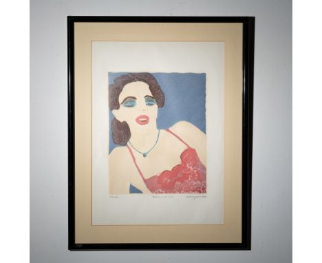 A striking color aquatint by Maripaz Jaramillo, titled Maria de la Luz, depicting a sensuous female portrait in a red lace ca