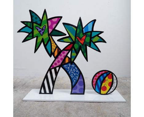 A vibrant and whimsical pop art aluminum sculpture with white base by renowned Brazilian artist Romero Britto. This striking 