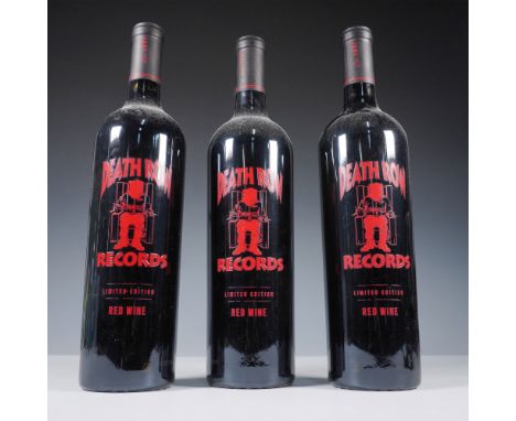 A set of three bottles of Death Row Records Limited Edition Red Wine, a bold 2020 Paso Robles red blend, bottled and vinted i