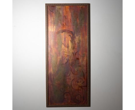 A large contemporary abstract mixed media painting on canvas featuring a warm, earthy palette of deep reds, greens, and golds