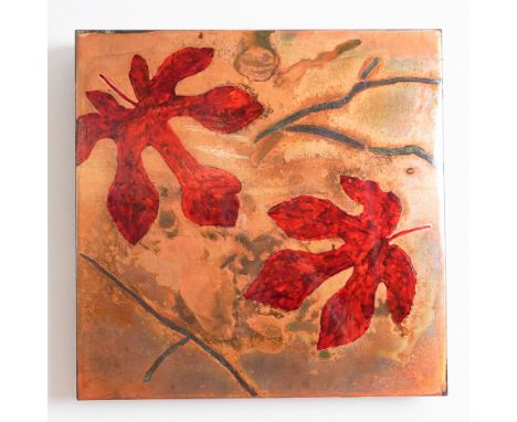 A striking handcrafted copper enamel box featuring a rich organic design of red fig leaves set against a textured, oxidized c