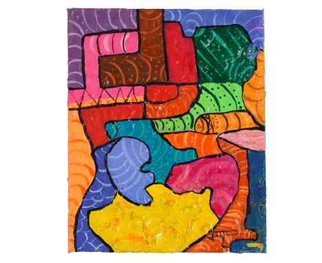 This original abstract mixed media painting features a dynamic composition of bold colors, intricate patterns, and textured e