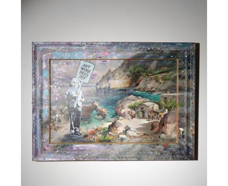 A unique mixed-media artwork combining a vintage impressionistic coastal landscape by Italian artist Felice Giordano with con