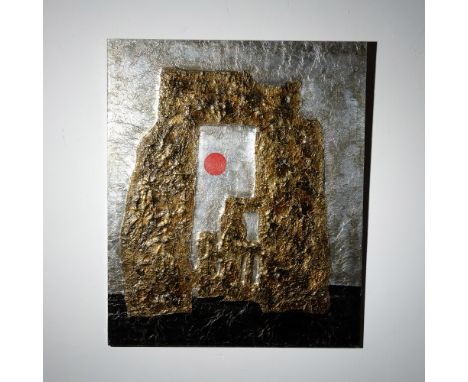 A striking mixed-media artwork on wood panel by artist Stone Henge, titled Spring Equinox. This textured composition incorpor