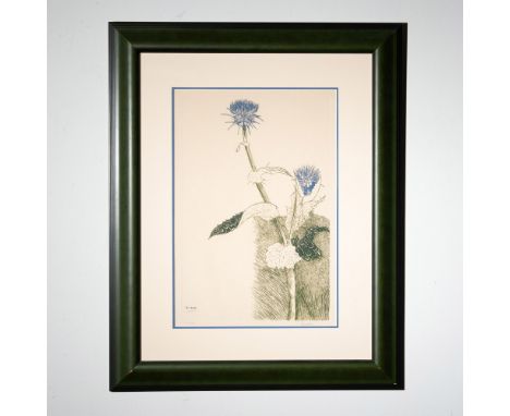 A striking botanical etching from Series of Flowers by Leonard Baskin, featuring a detailed depiction of a thistle rendered i