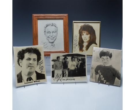 A collection of five vintage autographed entertainment photographs and portraits, featuring a mix of Hollywood actors, musici