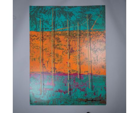 Vibrant artist proof serigraph by Mark Erickson, numbered 7/8. This striking abstract composition showcases a dynamic interpl