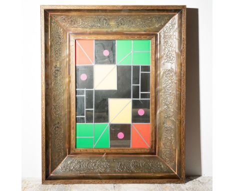 A striking mixed-media composition featuring a geometric stained glass design and mirror arrangement encased in an ornate, ma