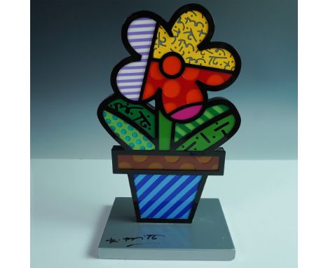 This vibrant aluminum sculpture, titled "Flower Pot Silver Base," by renowned Brazilian artist Romero Britto, showcases his s